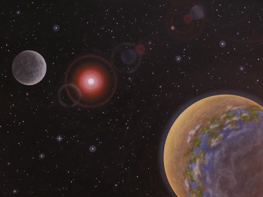 An artists impression of a rocky planet that is tidally locked to the parent star.